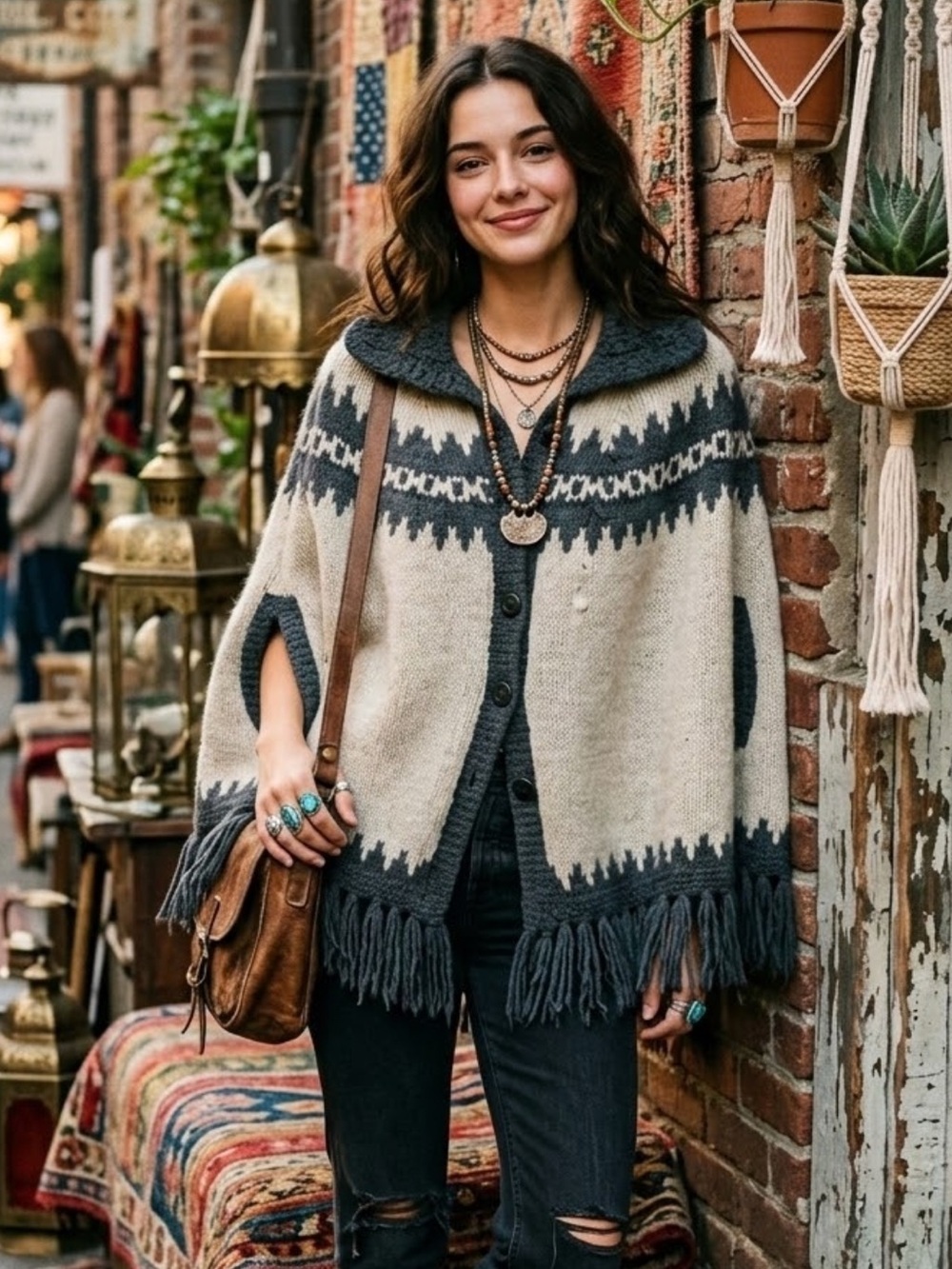 Hand Knitted Cream & Charcoal Knit Fringe Poncho Cape with Button Front